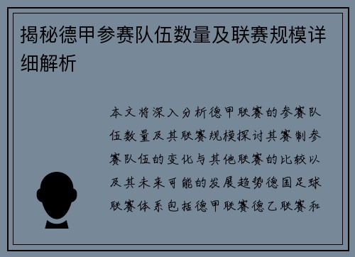 揭秘德甲参赛队伍数量及联赛规模详细解析