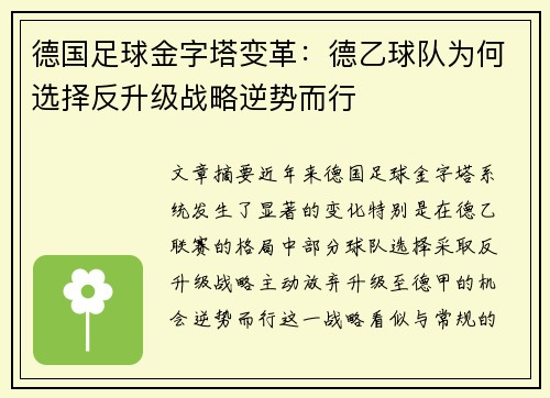 德国足球金字塔变革：德乙球队为何选择反升级战略逆势而行